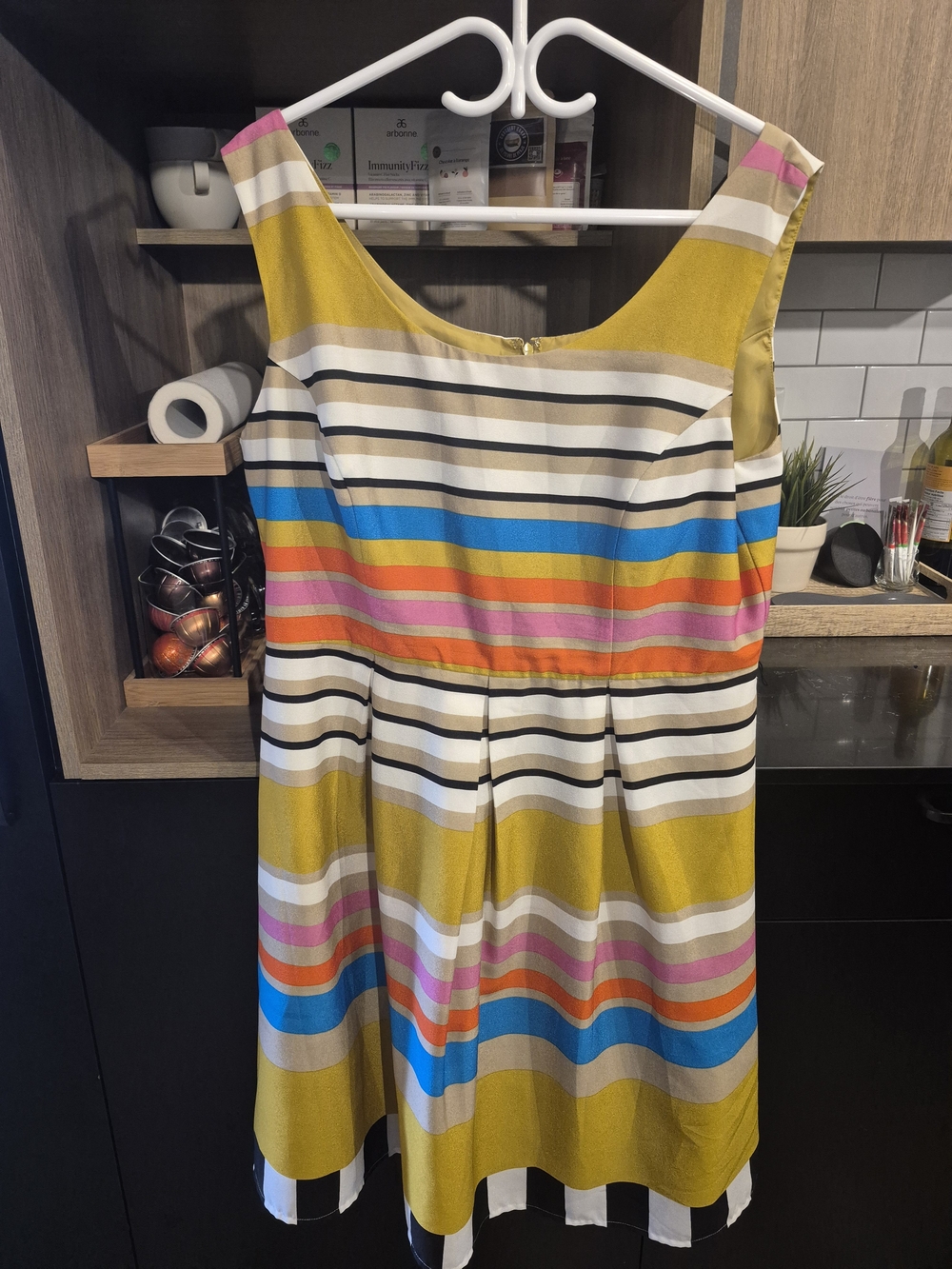Tiana B. Mustard Yellow Multicolor Striped Sleeveless Dress